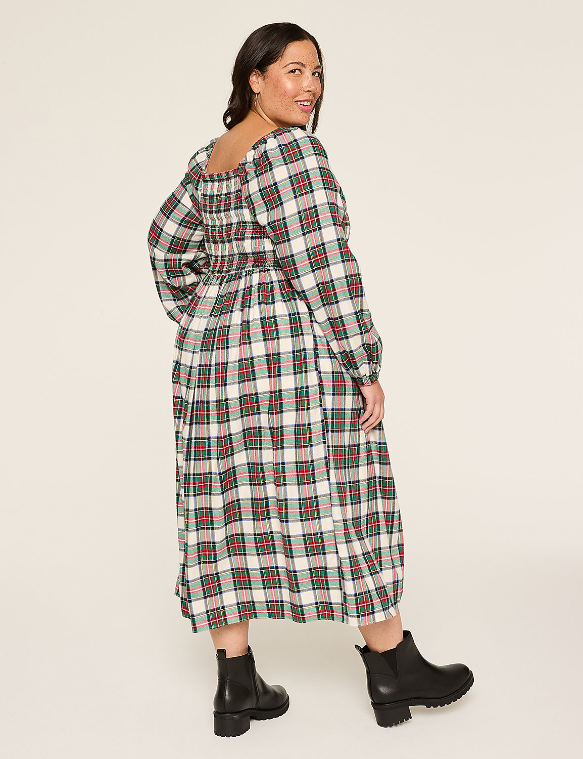 Lurex Square-Neck Smocked-Bodice Plaid Midi Dress Product Image 2