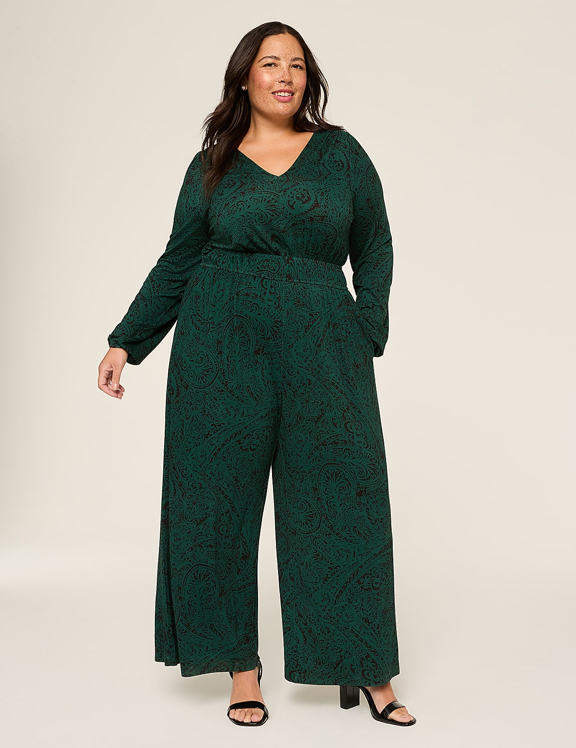 Long-Sleeve V-Neck Smocked-Waist Jumpsuit Product Image 1