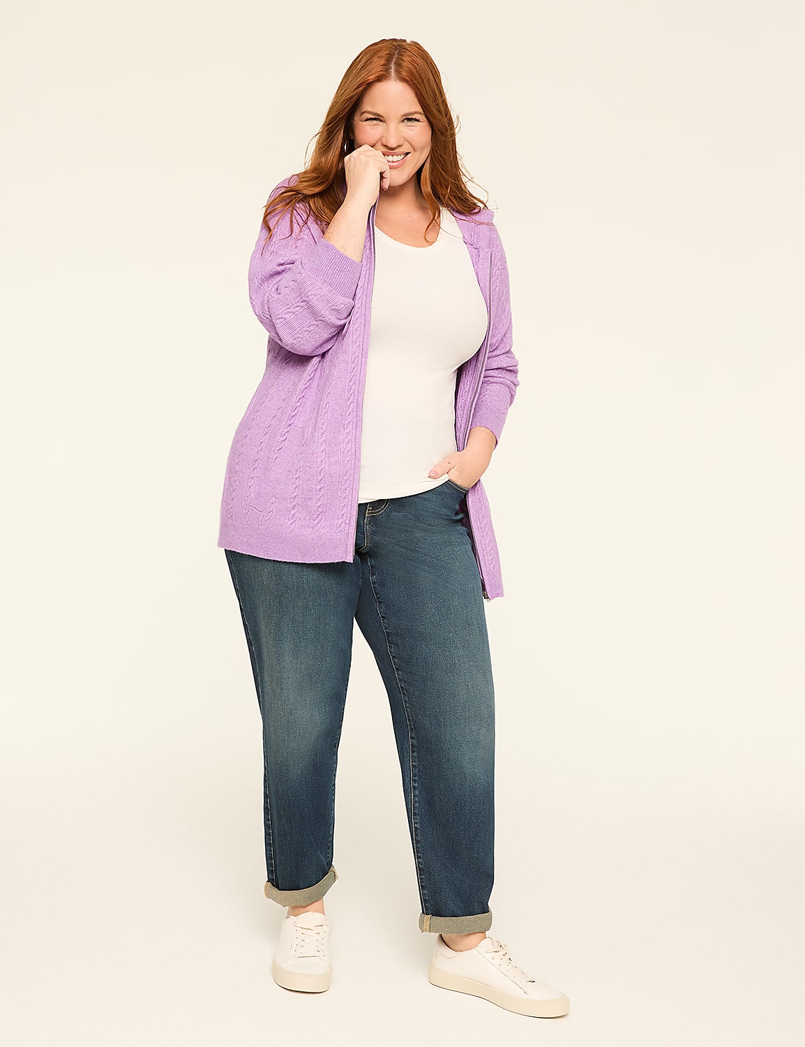 Cable Knit Zip-Front Hoodie Cardigan Product Image 3