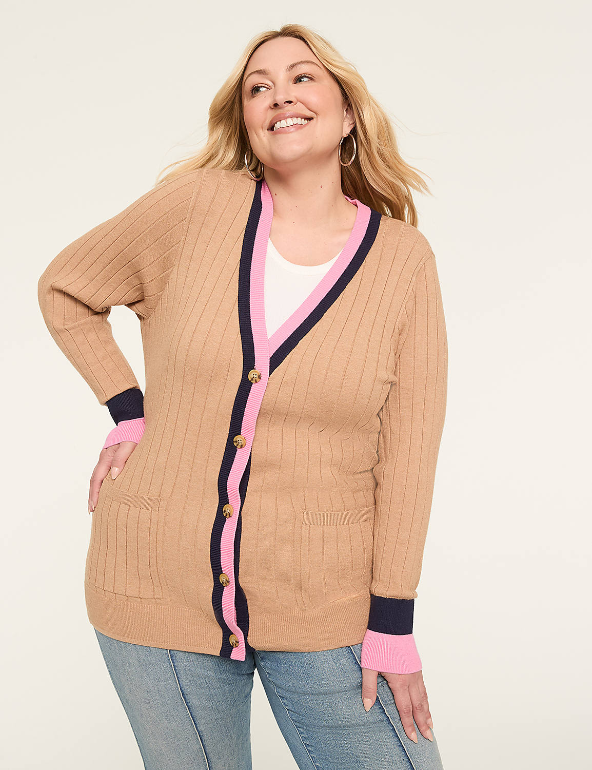 Long-Sleeve Button-Front Stripe-Trim Cardigan Product Image 1