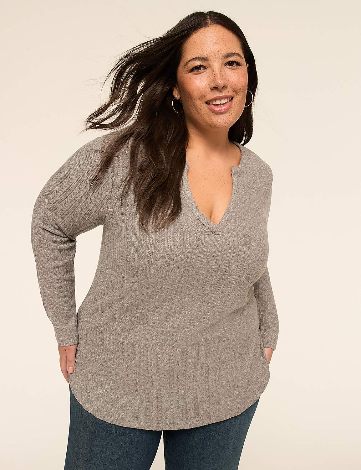 Long-Sleeve V-Notch Neck Tunic Tee Product Image 1