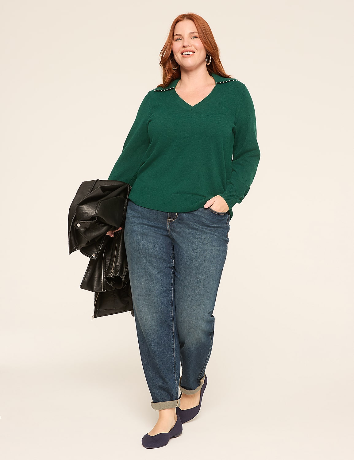 Pearlized V-Neck Collar Sweater Product Image 3