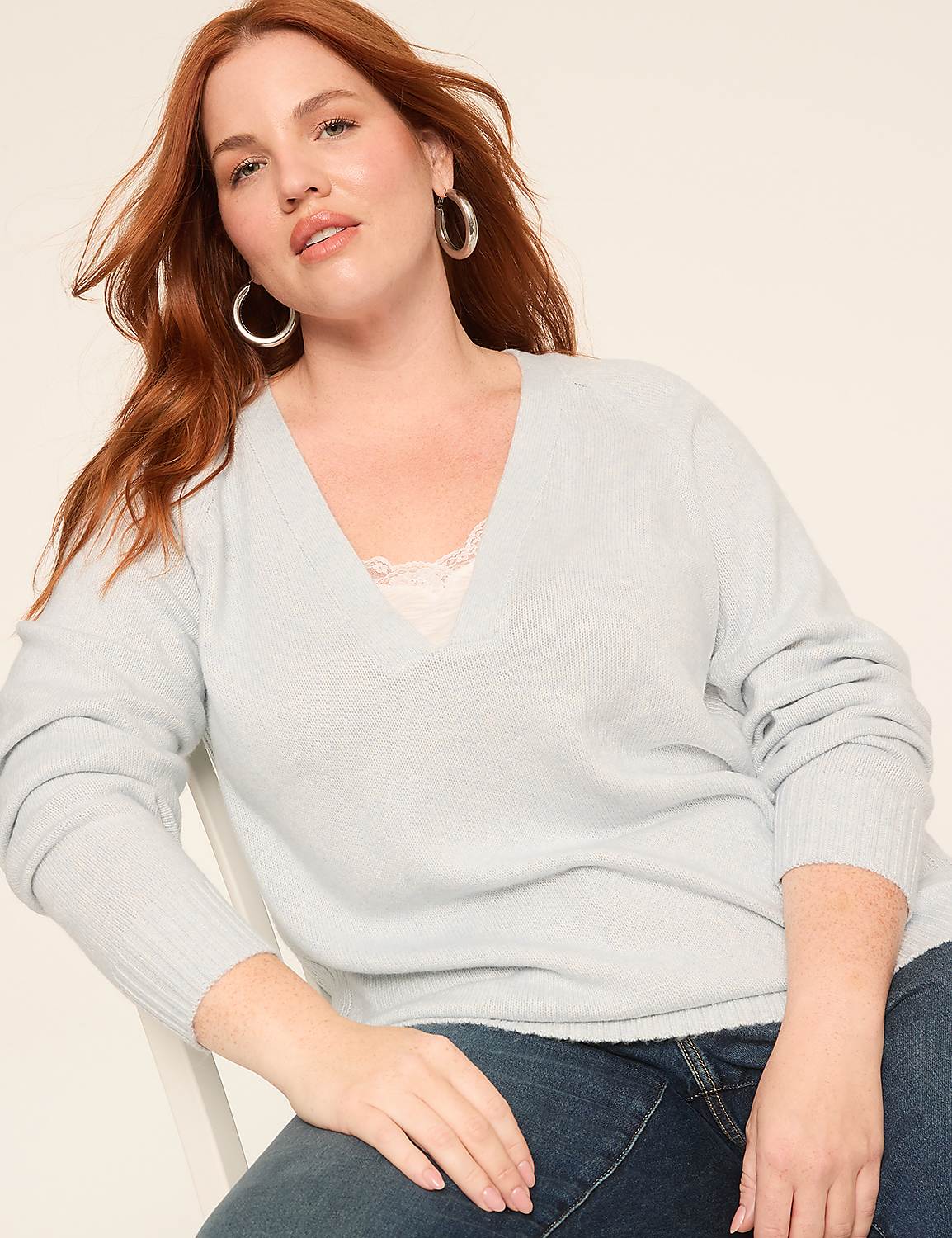 Layered Lace V-Neck Pullover Sweater Product Image 1