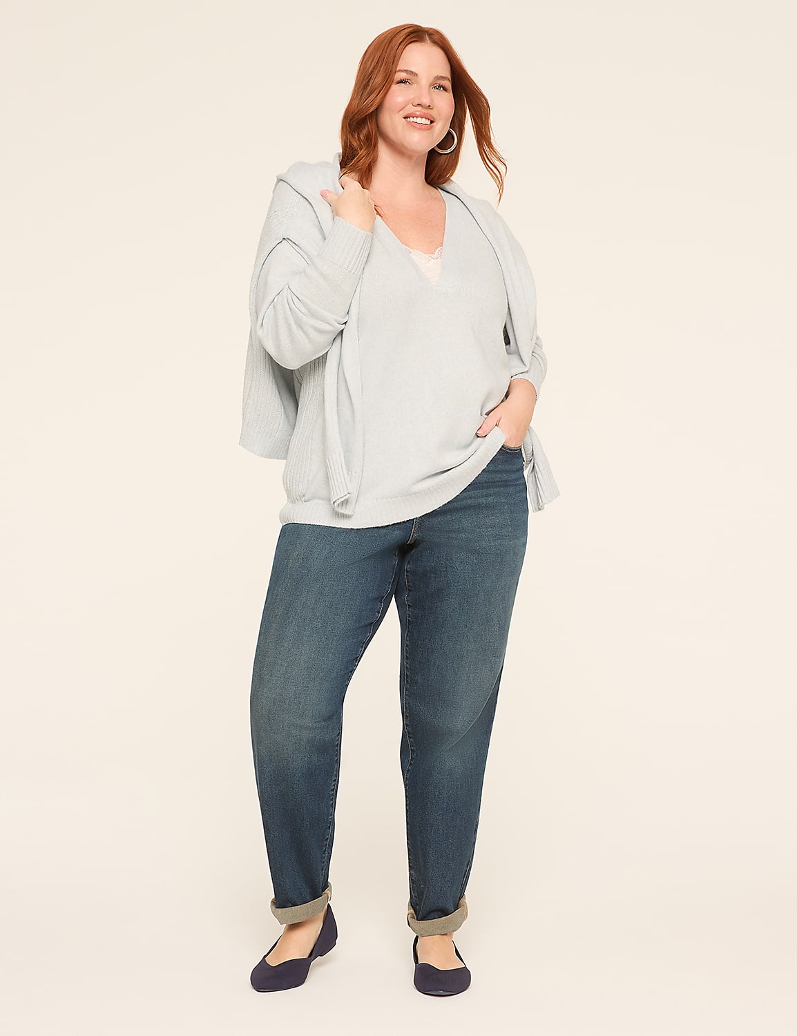 Layered Lace V-Neck Pullover Sweater Product Image 3