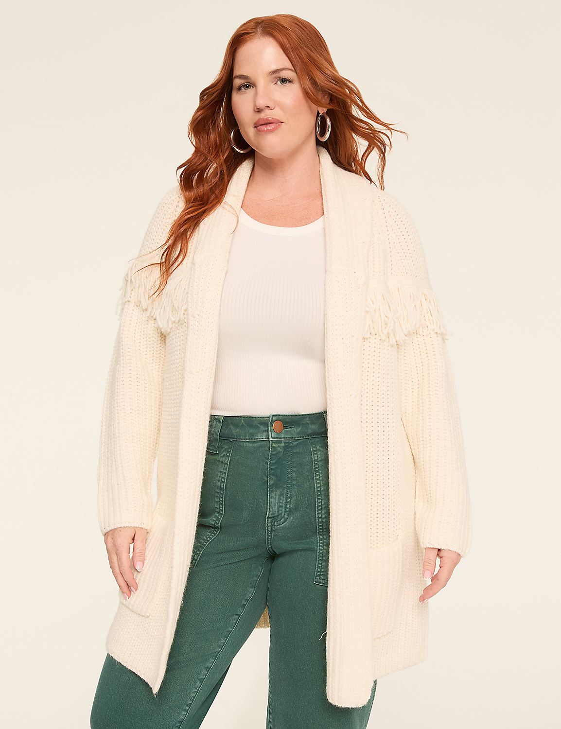 Open-Front Shawl-Collar Fringe-Detail Cardigan Product Image 1