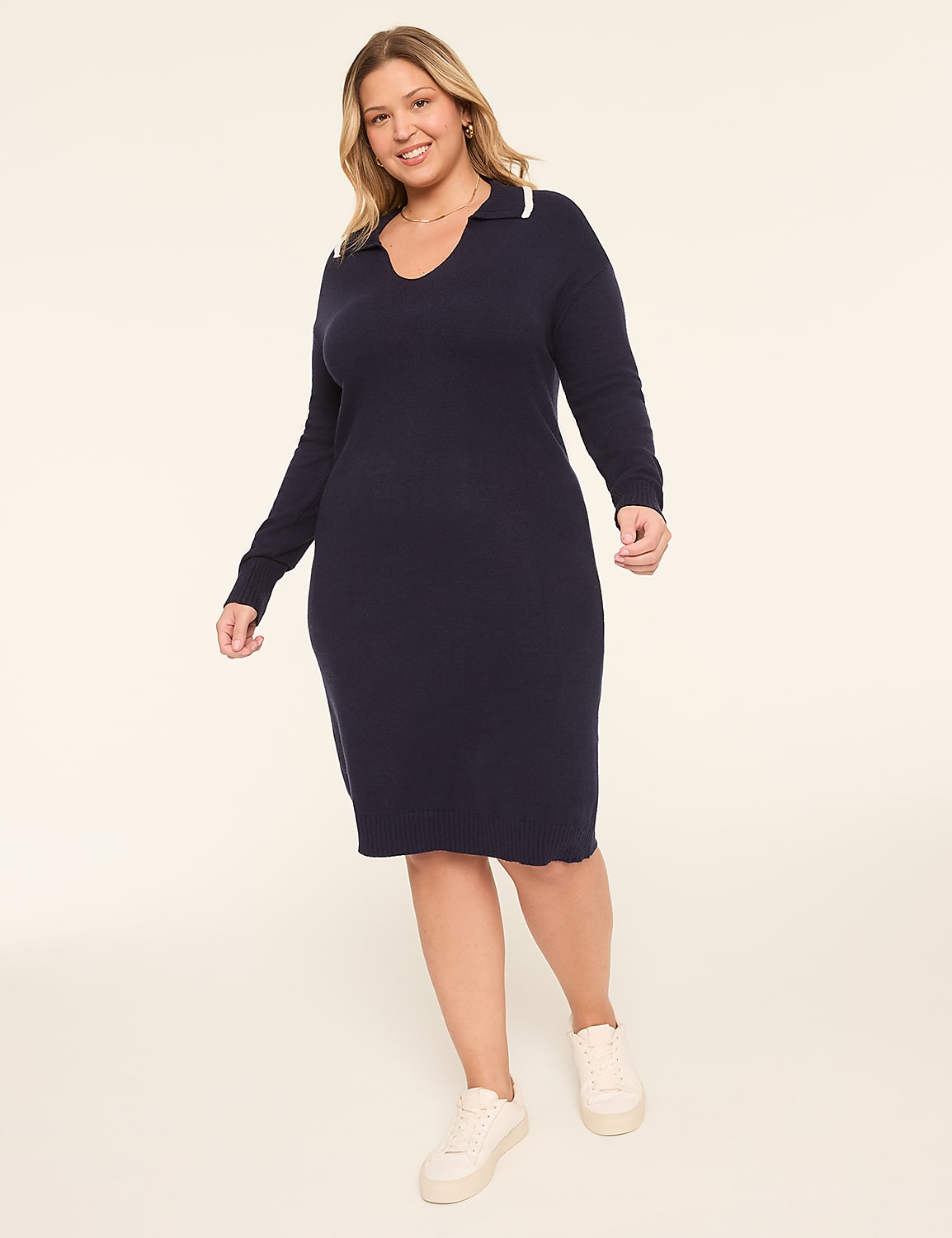 V-Neck Collared Sweater Dress Product Image 1