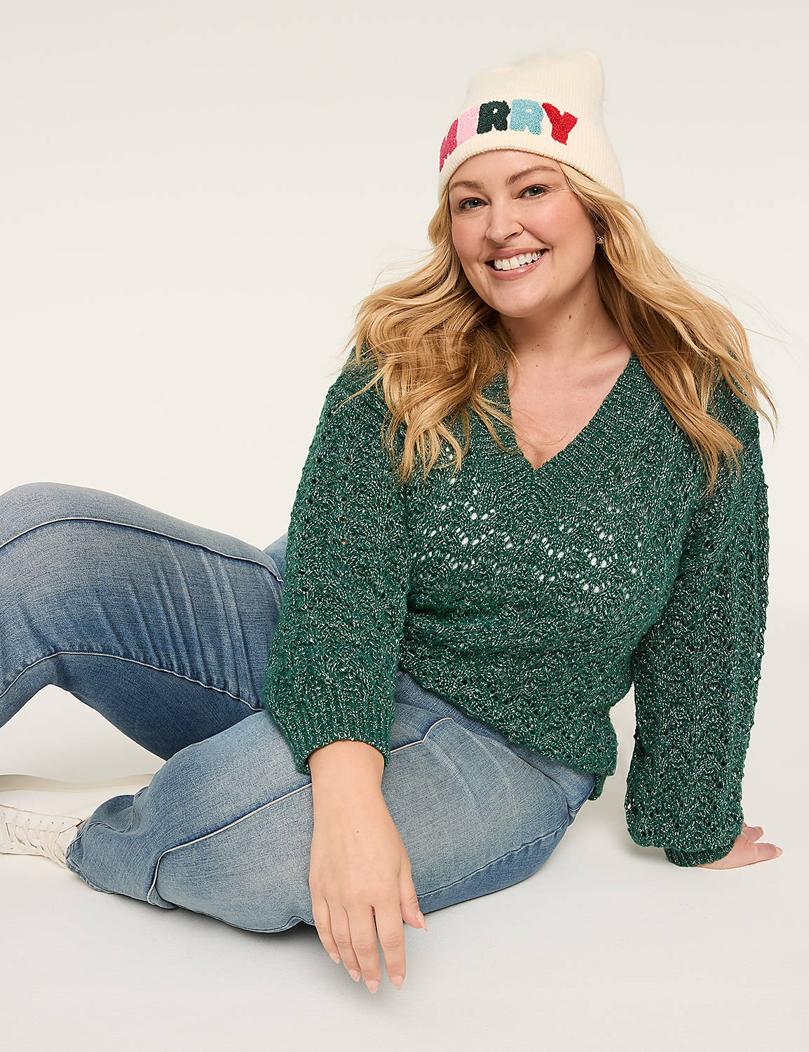 Relaxed Sequin V-Neck Stitch Pullover Sweater Product Image 3