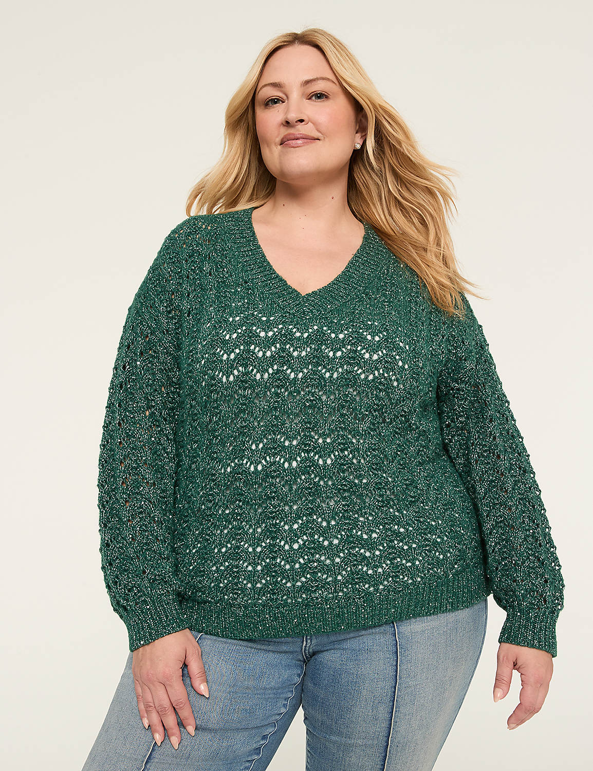 Relaxed Sequin V-Neck Stitch Pullover Sweater Product Image 1