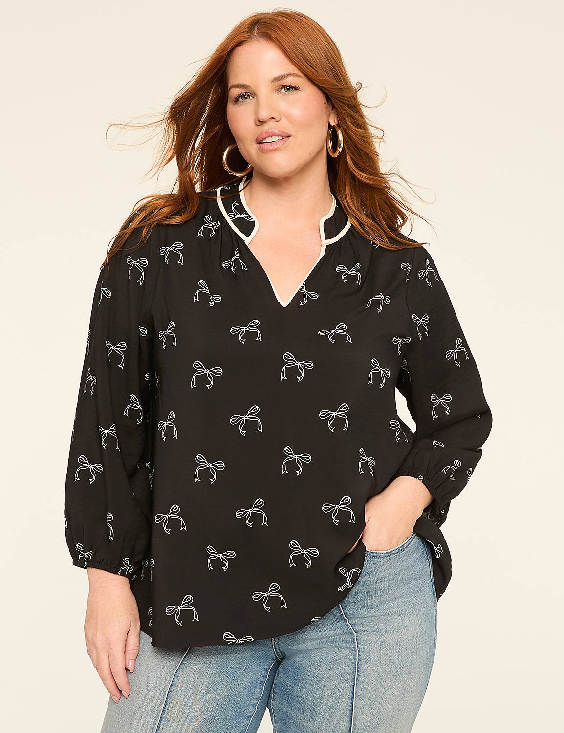 Bracelet-Sleeve Split-Neck Popover Blouse Product Image 1