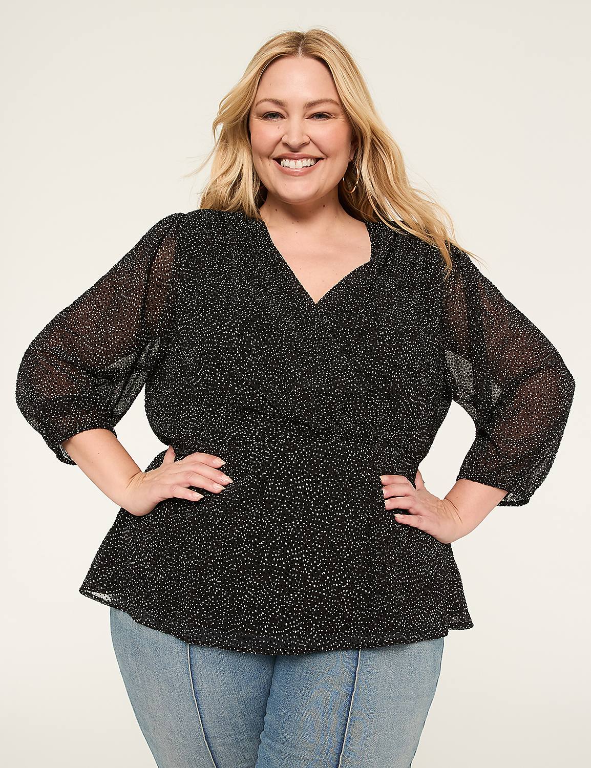 3/4-Sleeve Faux-Wrap Blouse Product Image 1