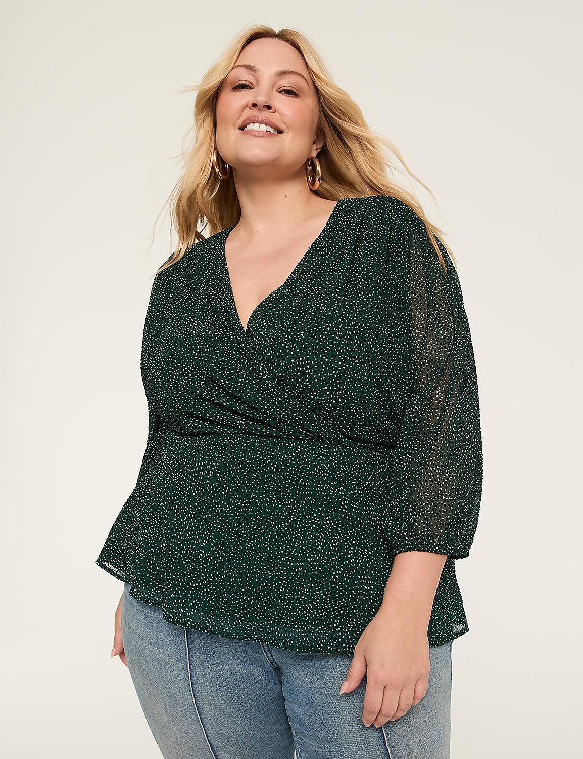 3/4-Sleeve Faux-Wrap Blouse Product Image 1