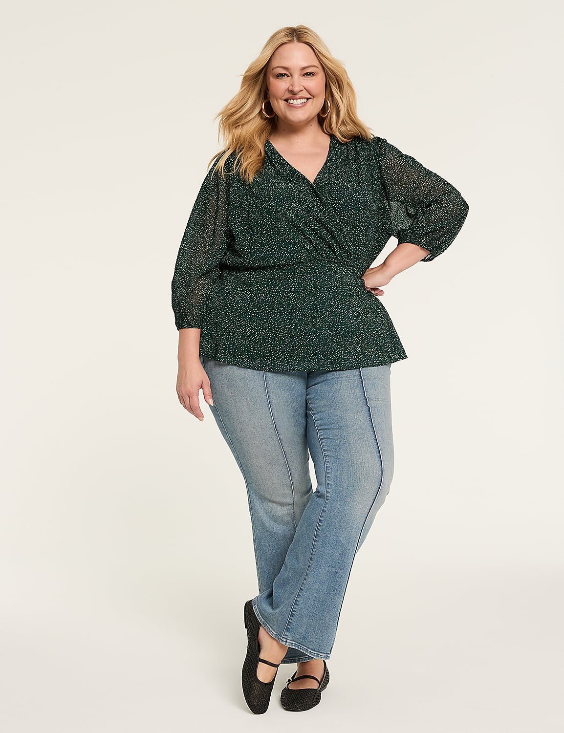 3/4-Sleeve Faux-Wrap Blouse Product Image 3