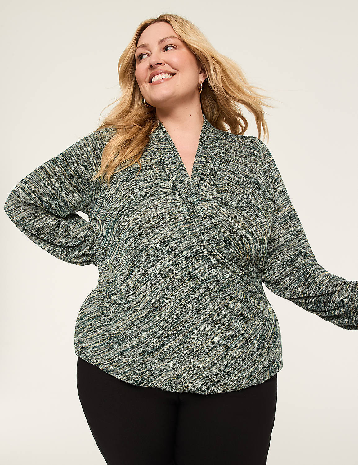 Lurex Blouson-Sleeve Faux-Wrap Bubble-Hem Top Product Image 1