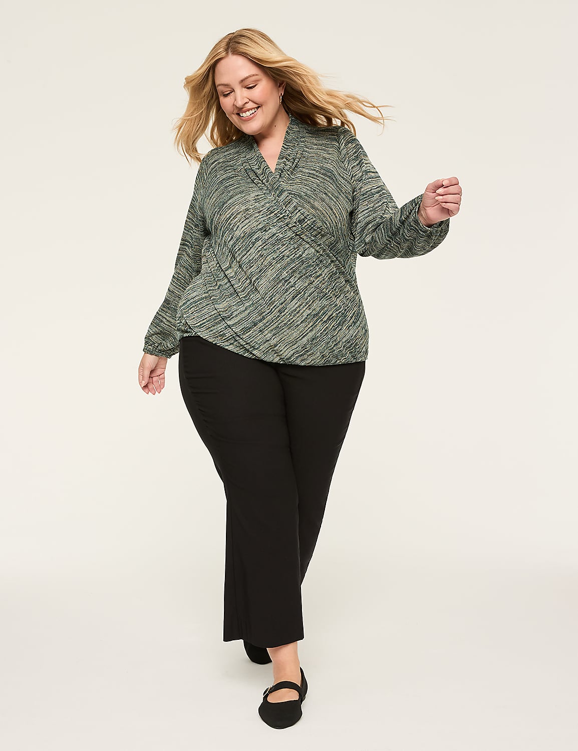 Lurex Blouson-Sleeve Faux-Wrap Bubble-Hem Top Product Image 3