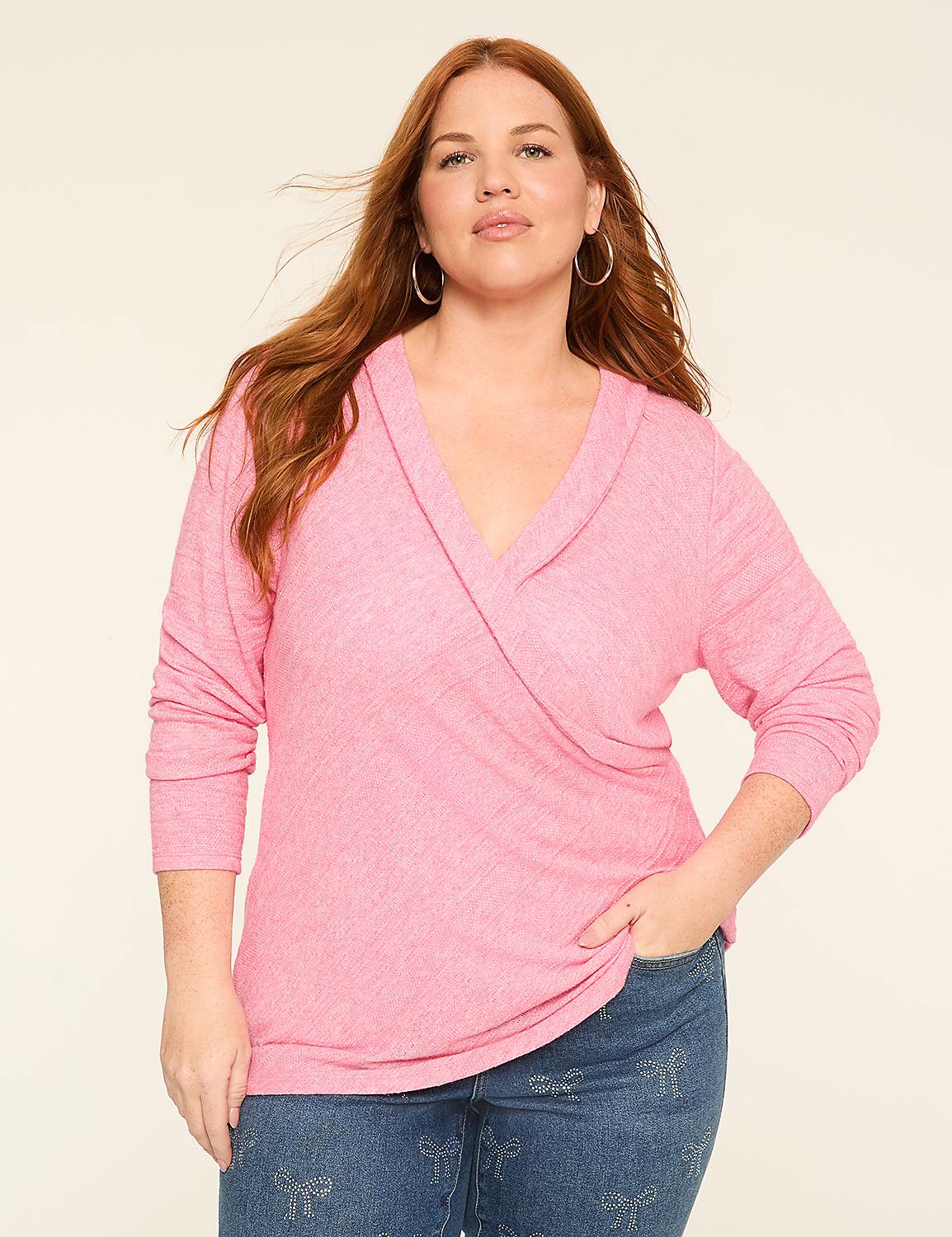 Long-Sleeve Faux-Wrap Textured Knit Top Product Image 1