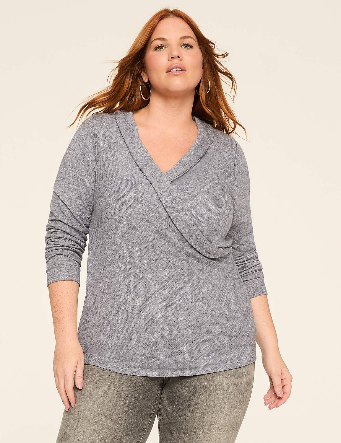 Long-Sleeve Faux-Wrap Textured Knit Top Product Image 1