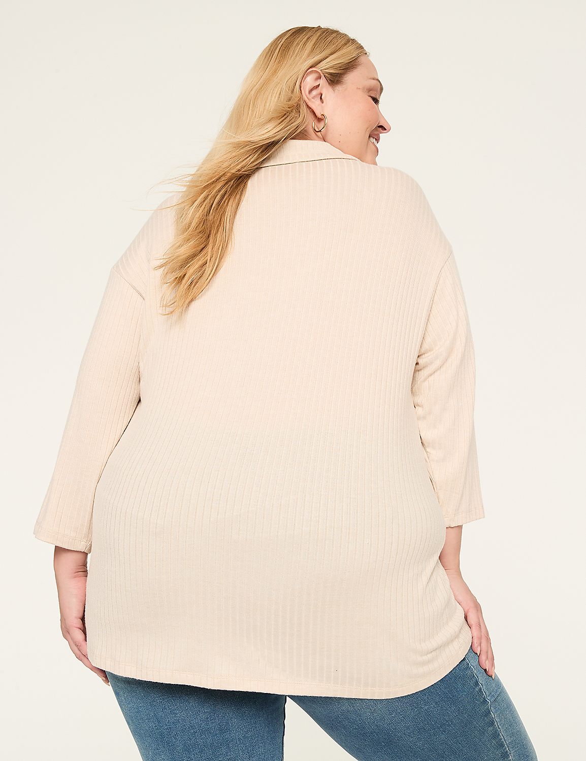 3/4-Sleeve Ribbed Knit Polo Top Product Image 2