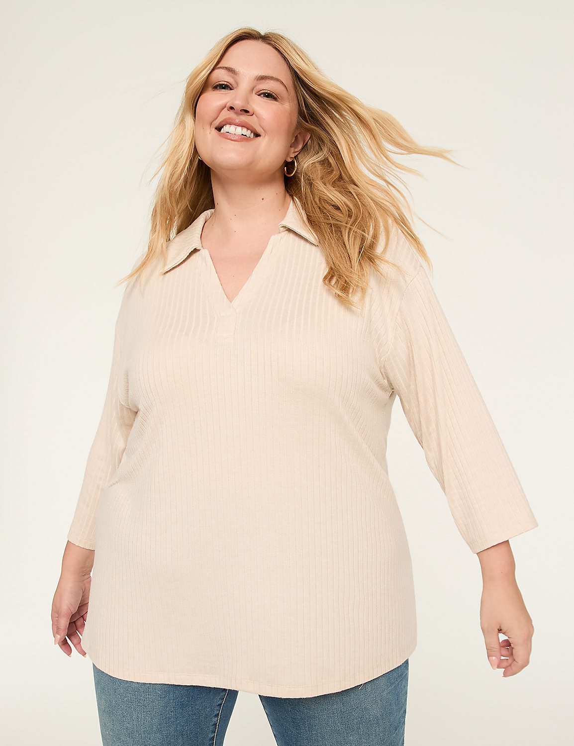 3/4-Sleeve Ribbed Knit Polo Top Product Image 1
