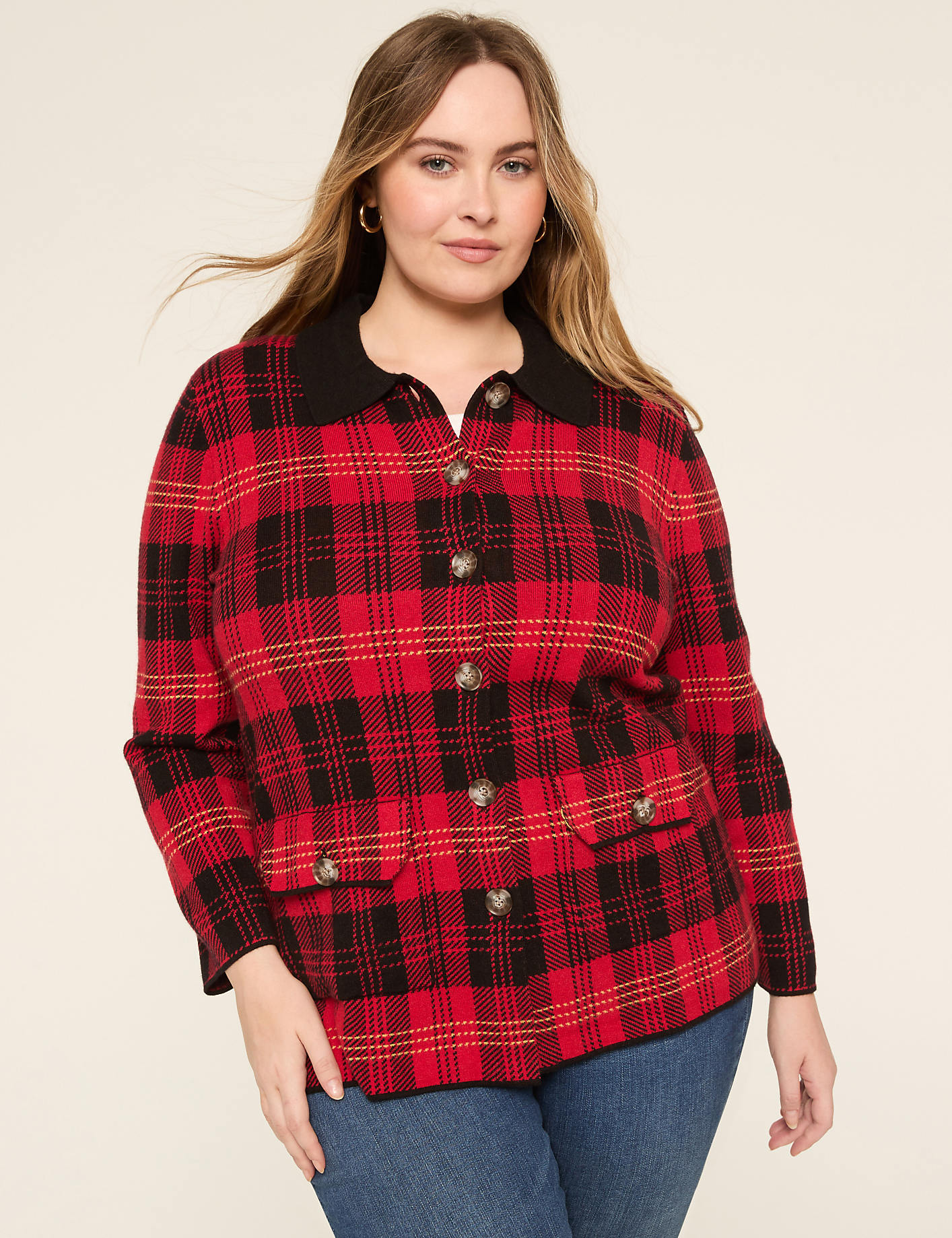 Collared Plaid Button-Front Cardigan Product Image 1