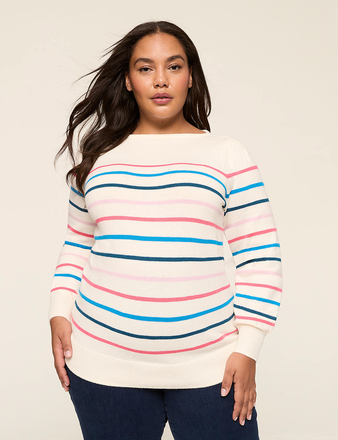 Boatneck Puff-Sleeve Stripe Sweater Product Image 1