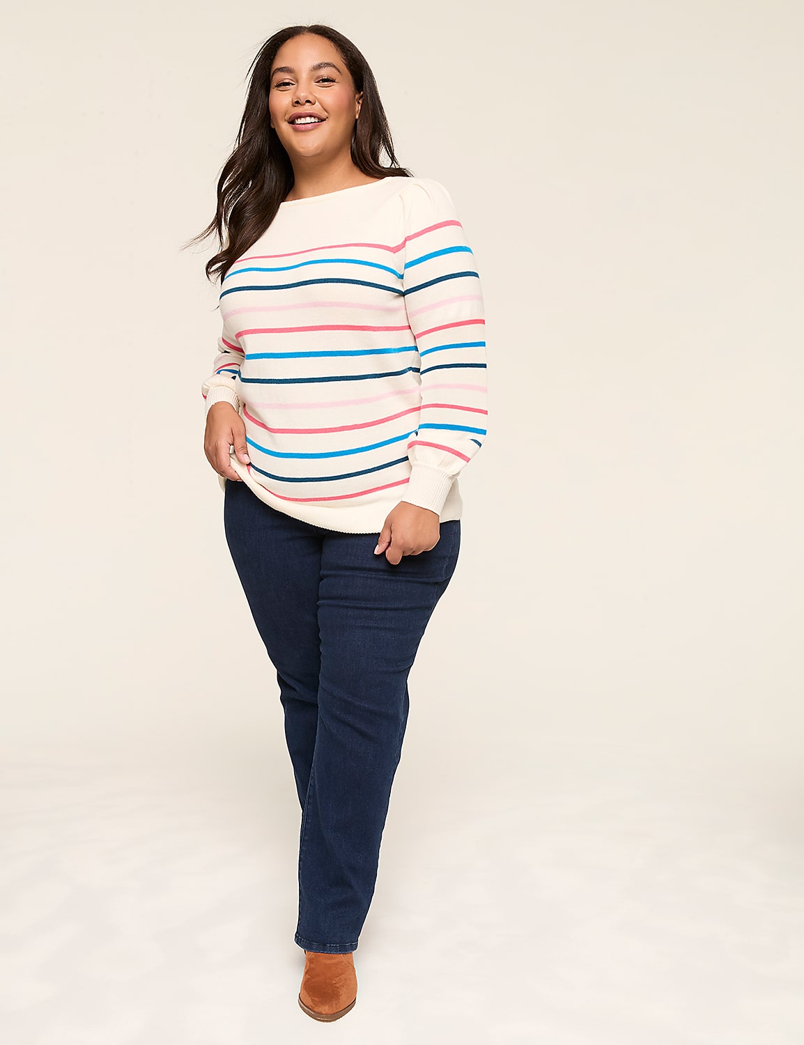 Boatneck Puff-Sleeve Stripe Sweater Product Image 3