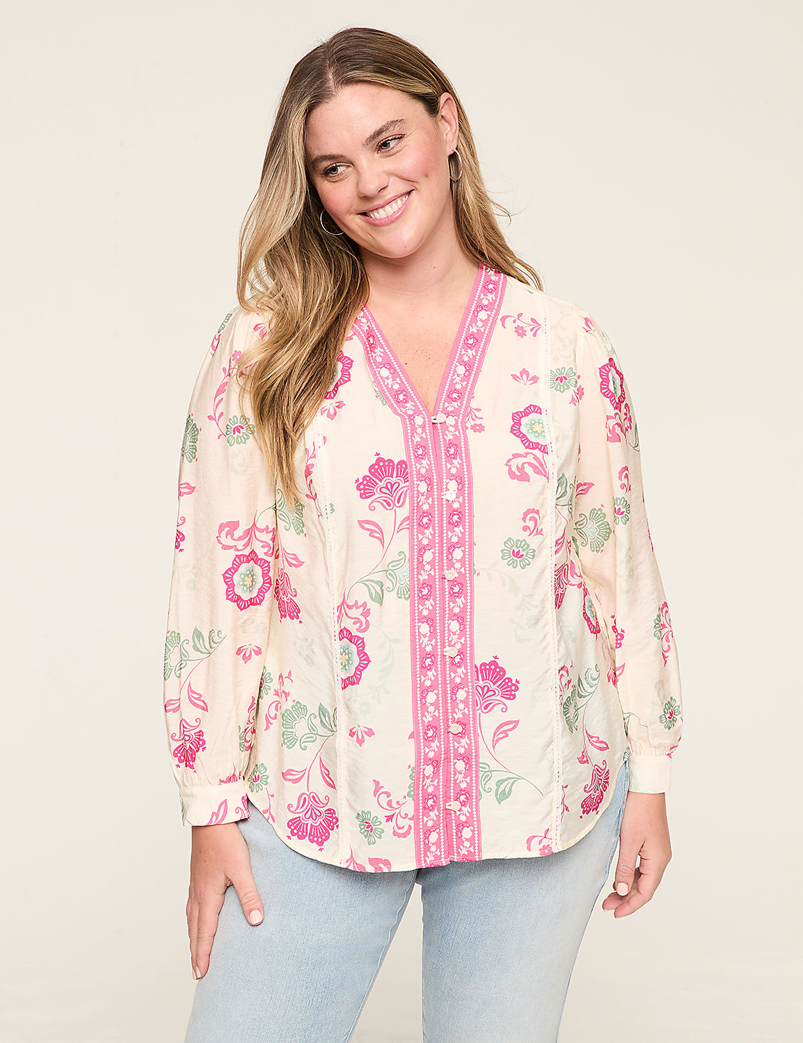 Split-Neck Button-Down Blouse Product Image 1