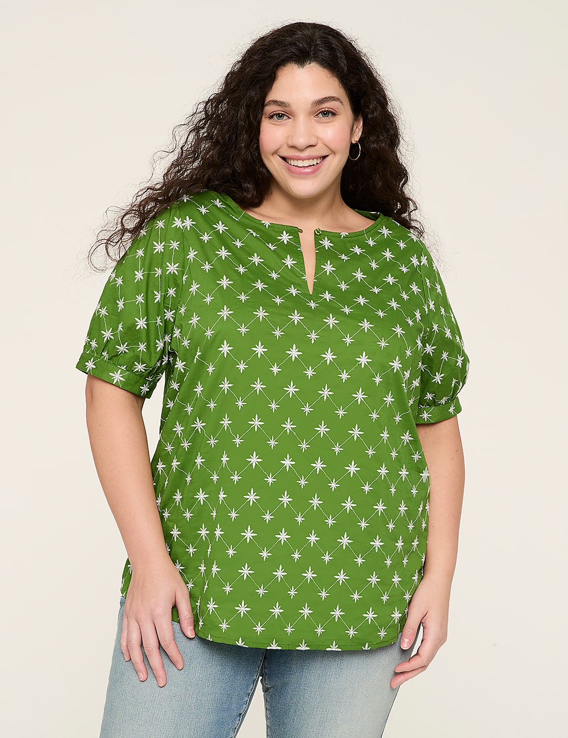Embroidered Elbow-Sleeve Popover Blouse Product Image 1