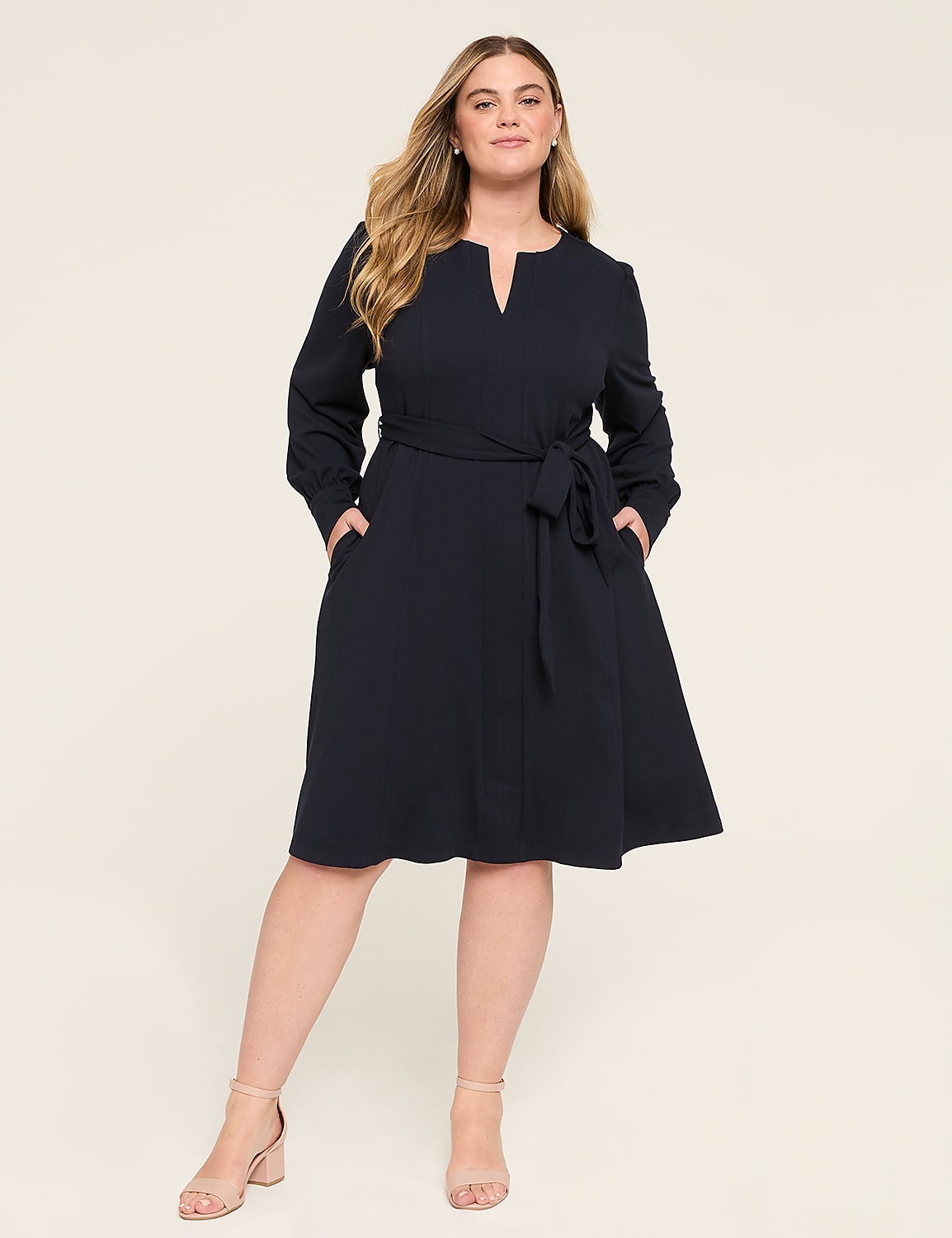 Ponte Tie-Waist Notch-Neck Dress Product Image 1