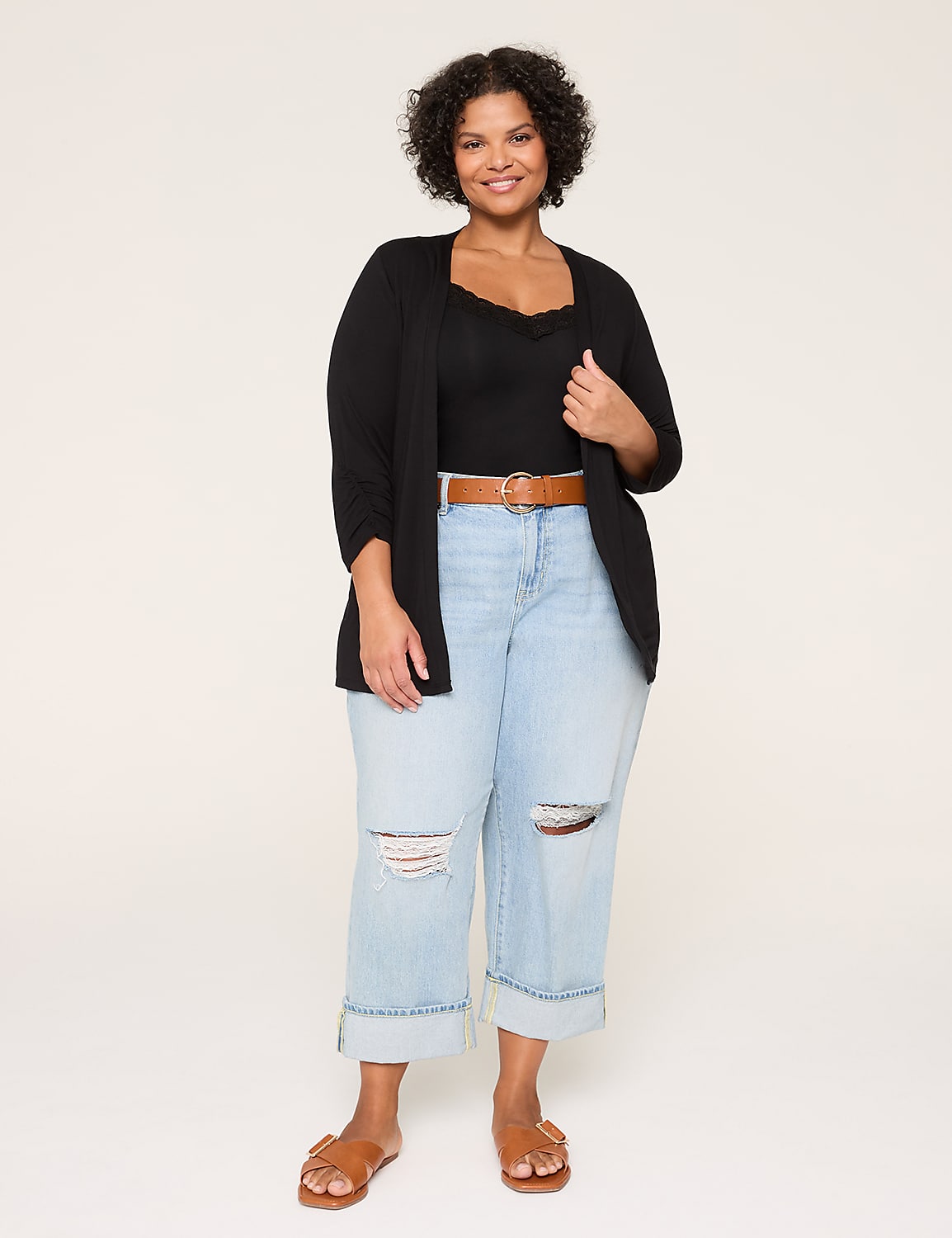 3/4 Ruched-Sleeve Open-Front Overpiece Product Image 3