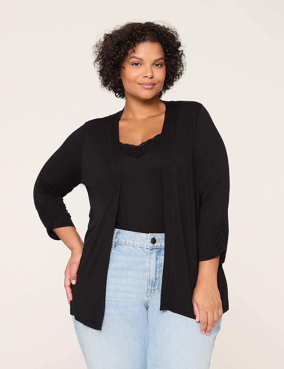 3/4 Ruched-Sleeve Open-Front Overpiece Product Image 1
