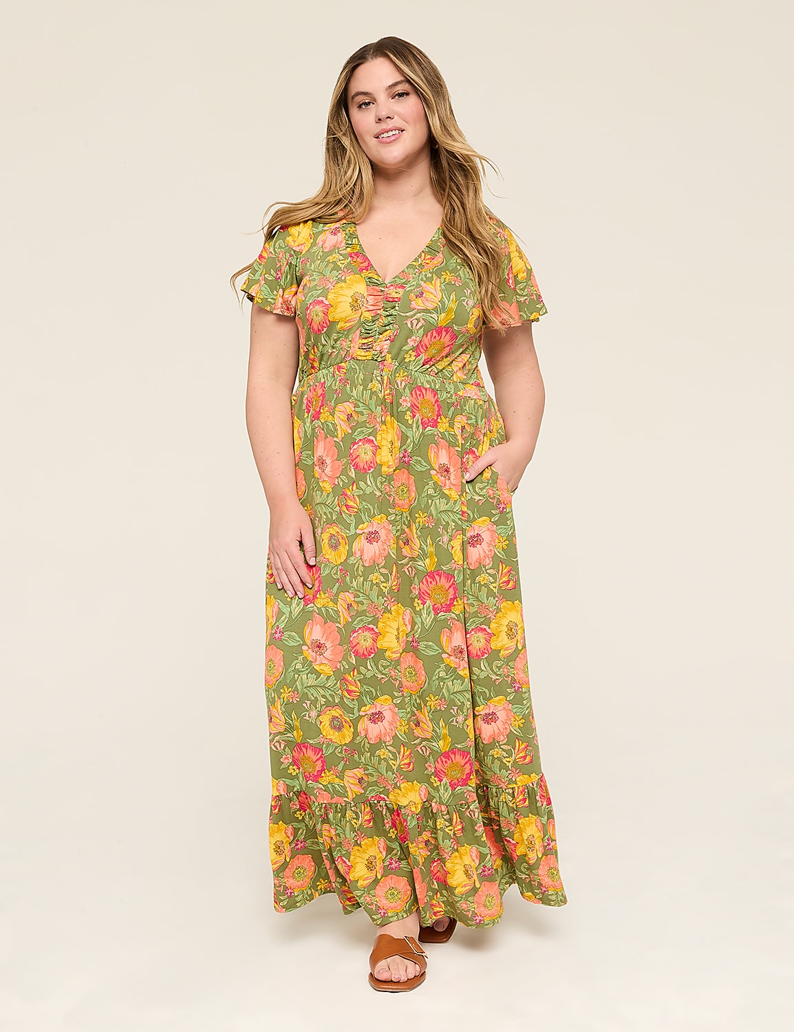 Flutter-Sleeve V-Neck Jersey Maxi Dress Product Image 1