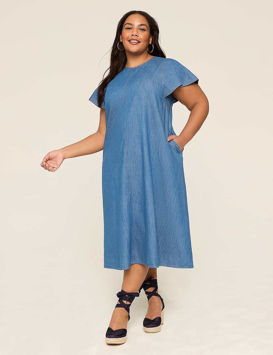 Denim Flutter-Sleeve A-Line Dress