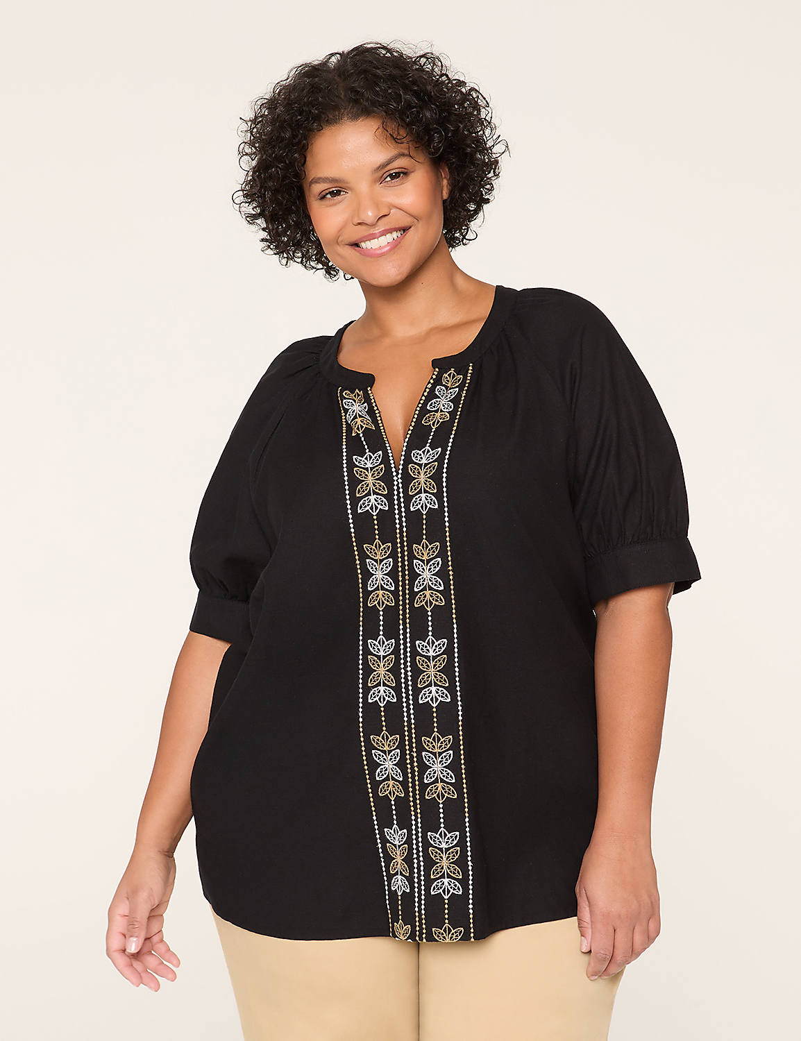 Embroidered Notch-Neck Popover Blouse Product Image 1