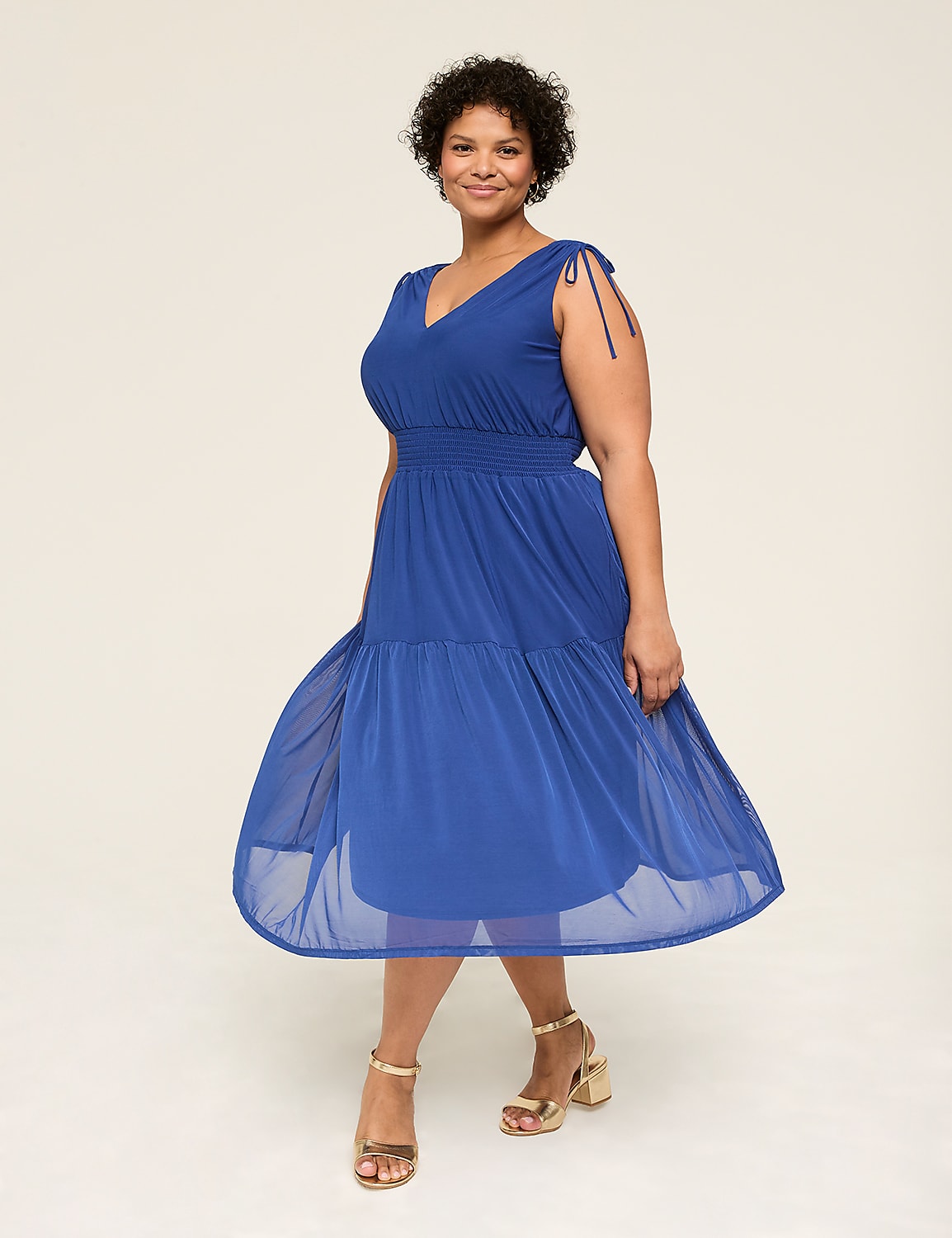 Shirred-Shoulder Smocked-Waist Midi Dress Product Image 1