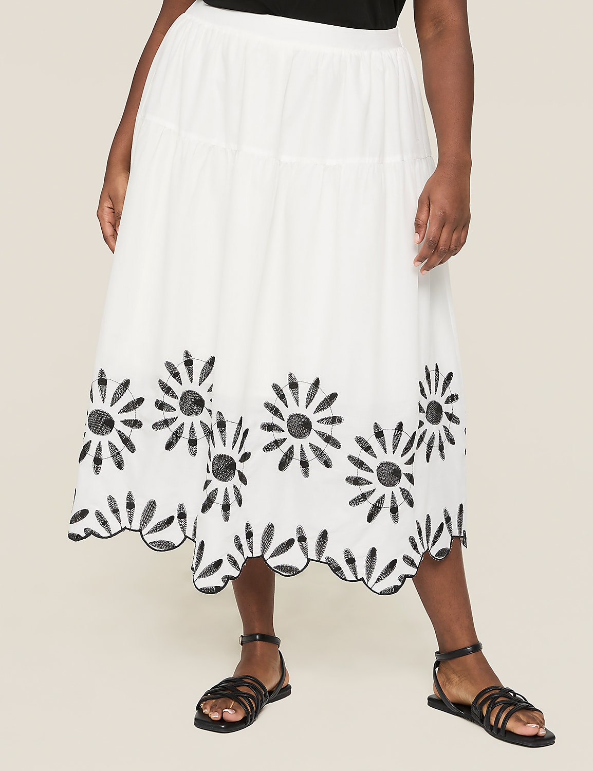 Embroidered Scallop-Hem Tiered Midi Skirt Product Image 1