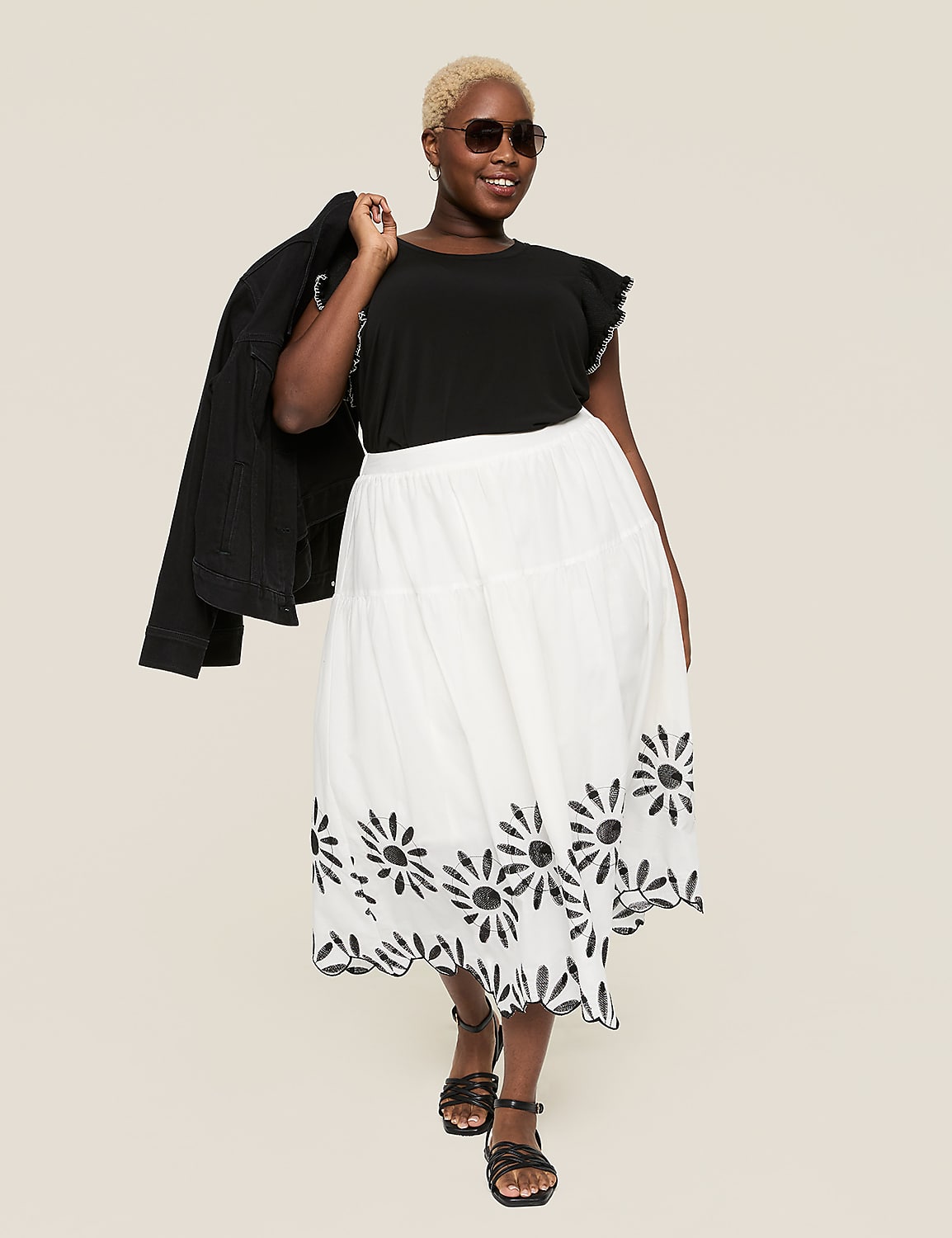 Embroidered Scallop-Hem Tiered Midi Skirt Product Image 3