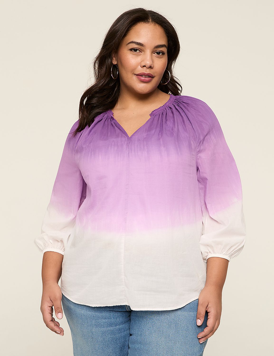Dip Dye Notch-Neck Bracelet-Sleeve Blouse Product Image 1