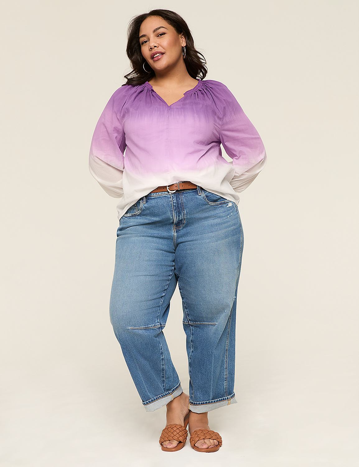 Dip Dye Notch-Neck Bracelet-Sleeve Blouse Product Image 3