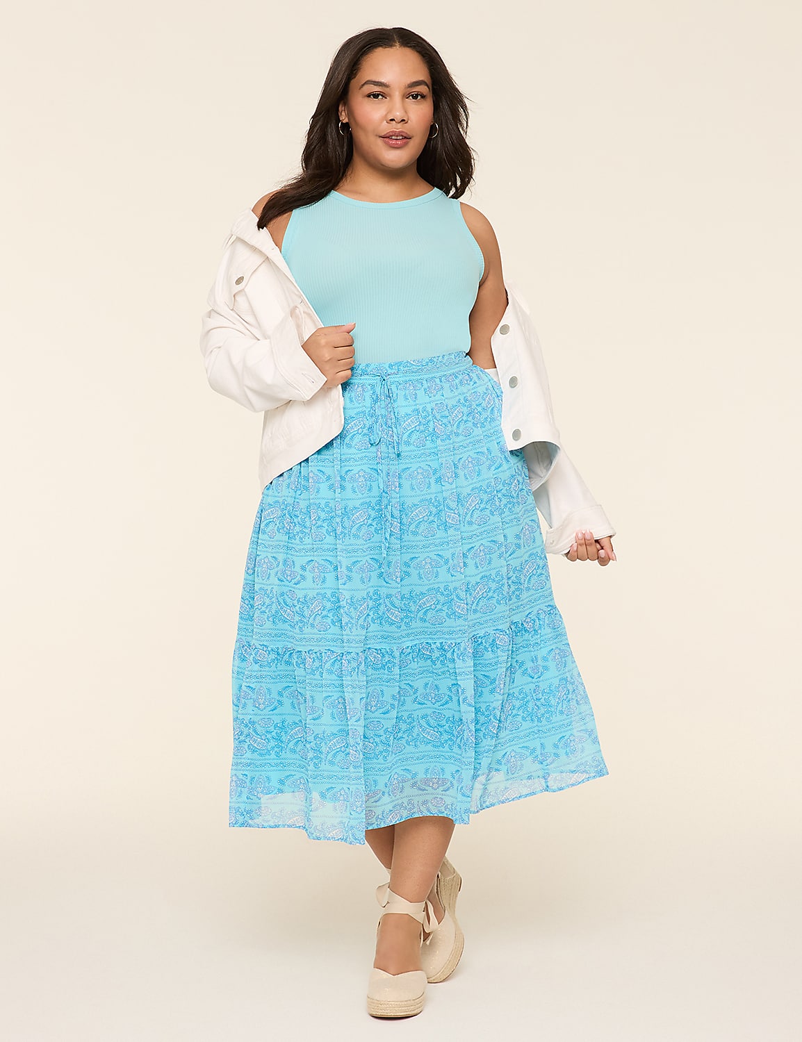 Drawstring-Waist Tiered Midi Skirt Product Image 3