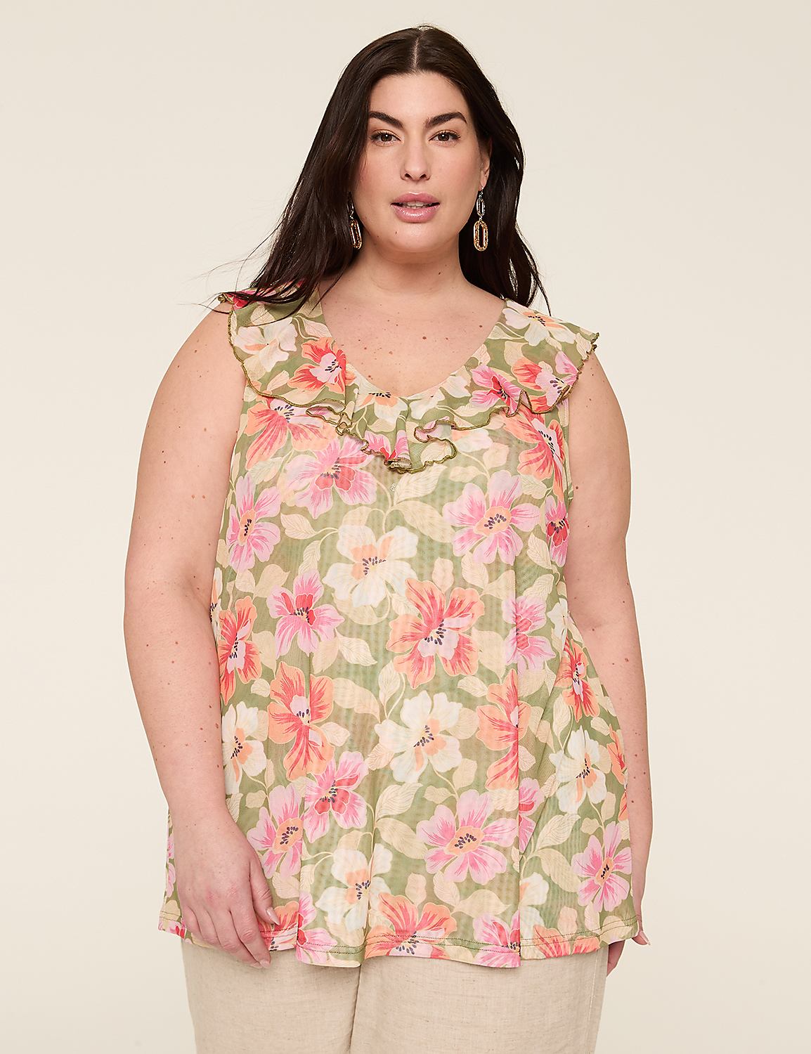 Sleeveless Ruffle V-Neck Mesh Top Product Image 1