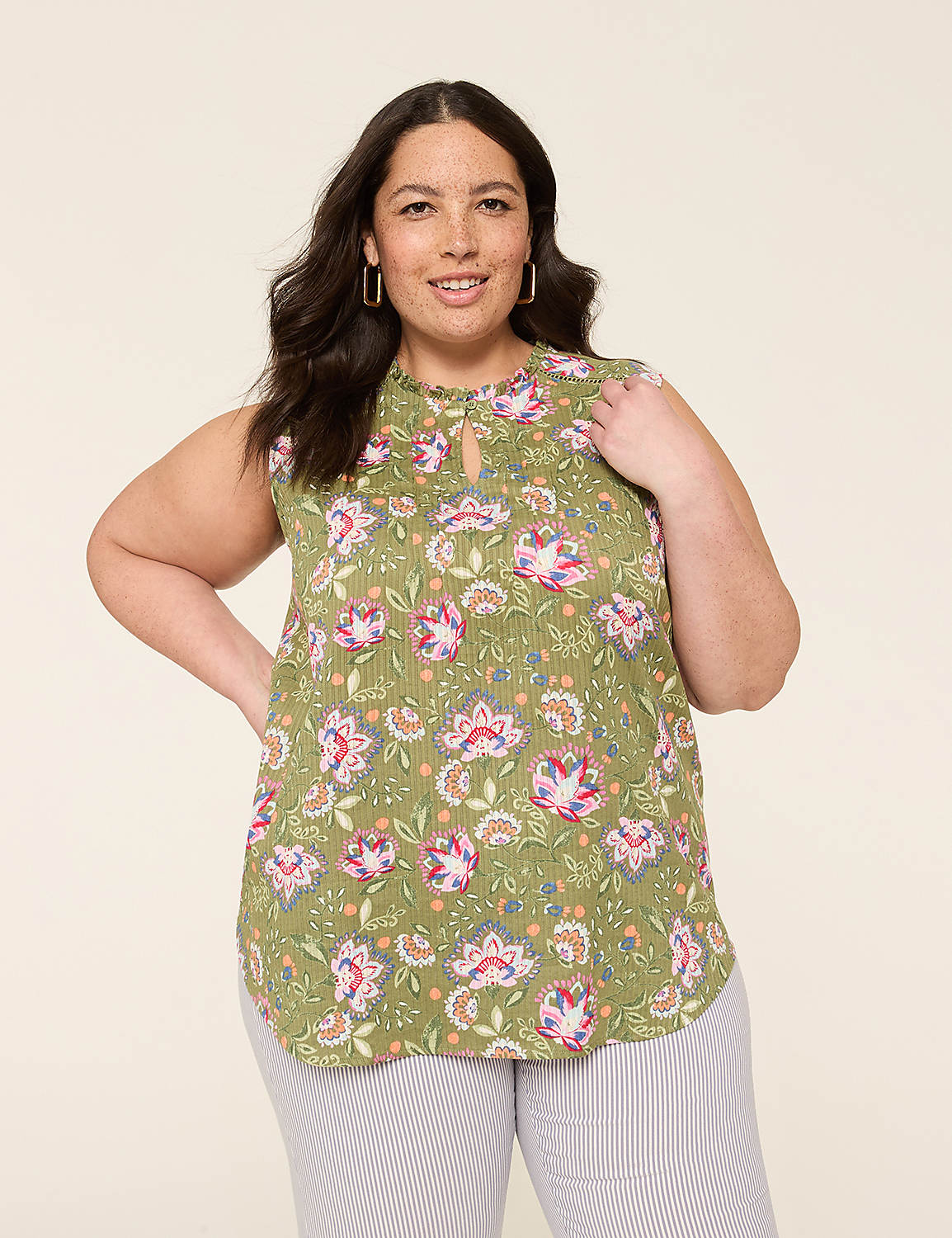 Ruffle Notch-Neck Textured Tank - thumbnail 5