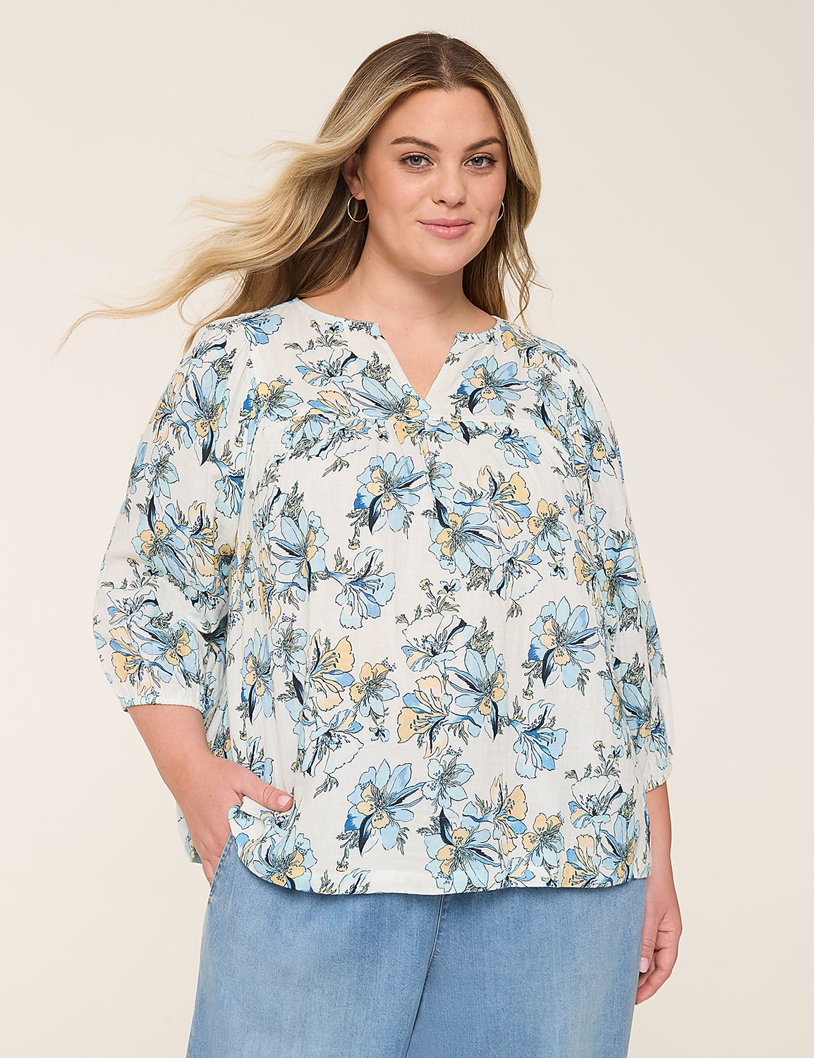 Gauze Swing Split-Neck Popover Top Product Image 1