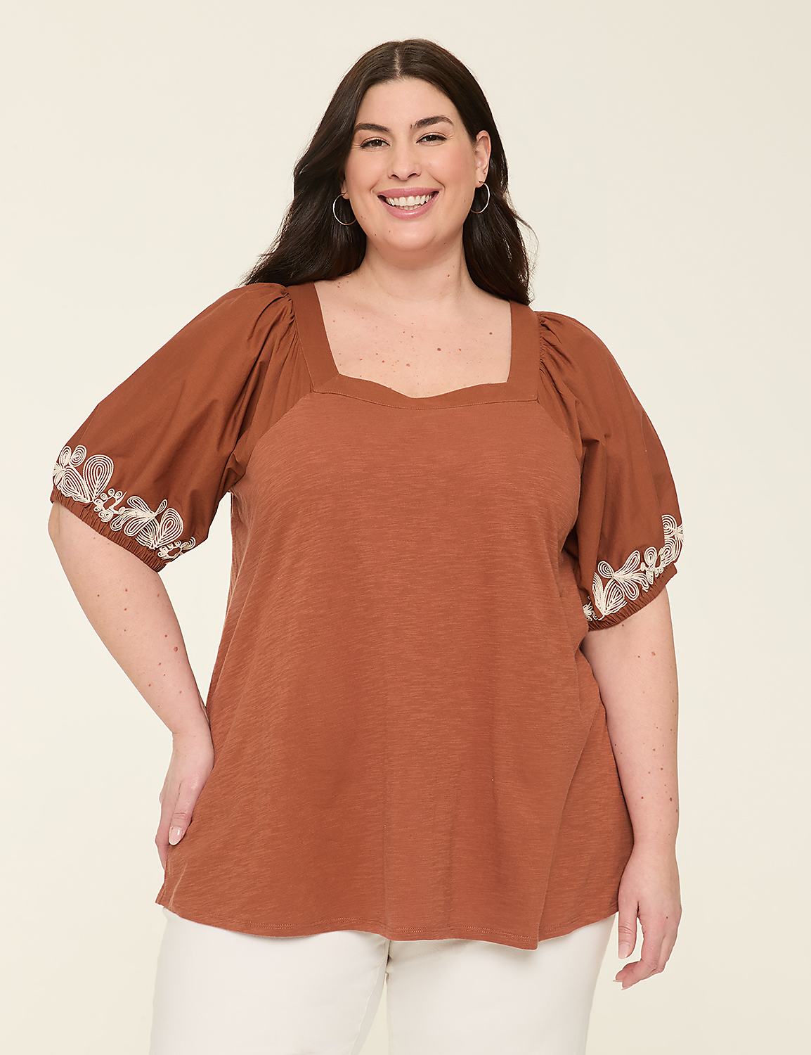 Embroidered Puff-Sleeve Square-Neck Top Product Image 1