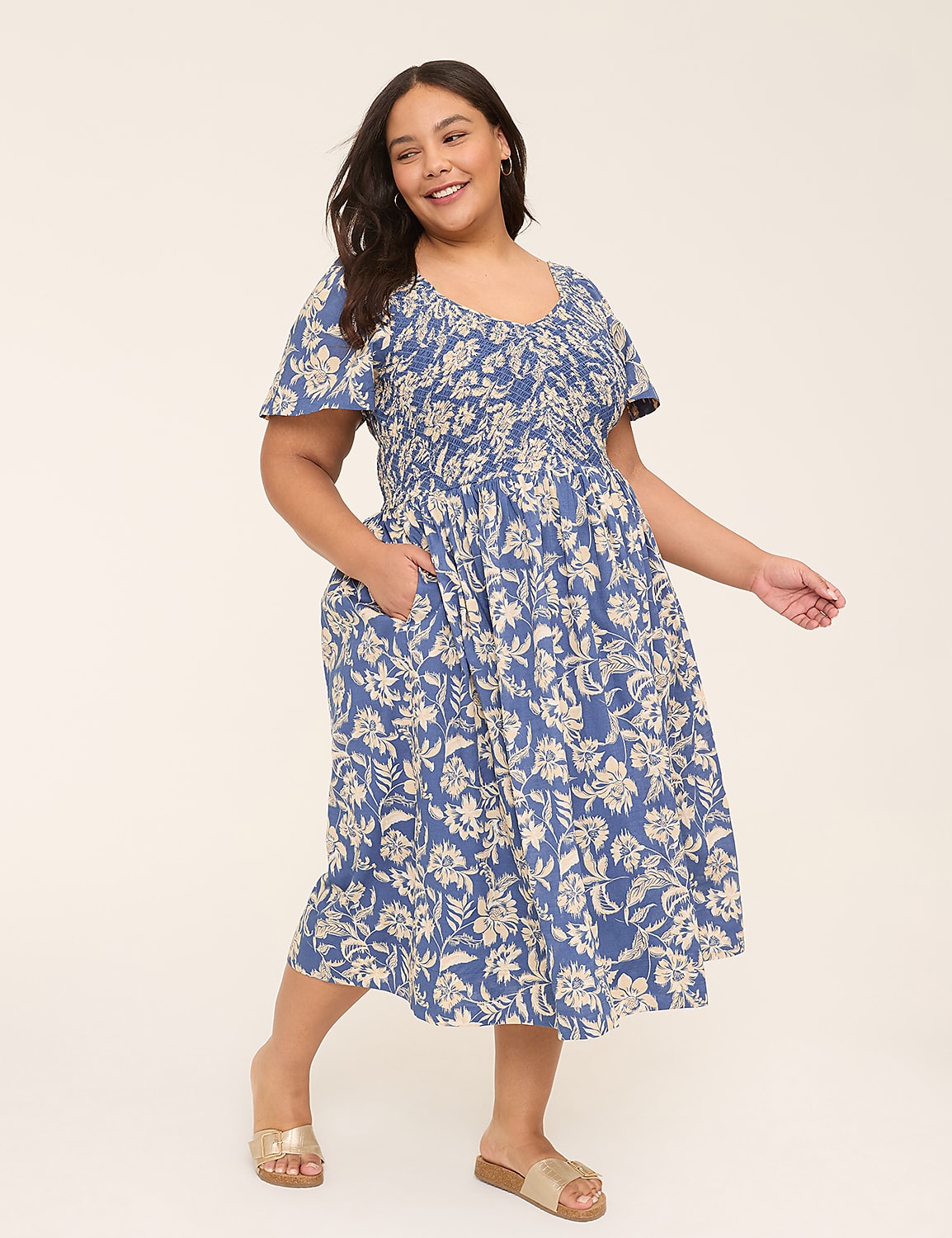 Smocked-Bodice Flutter-Sleeve Midi Dress Product Image 1