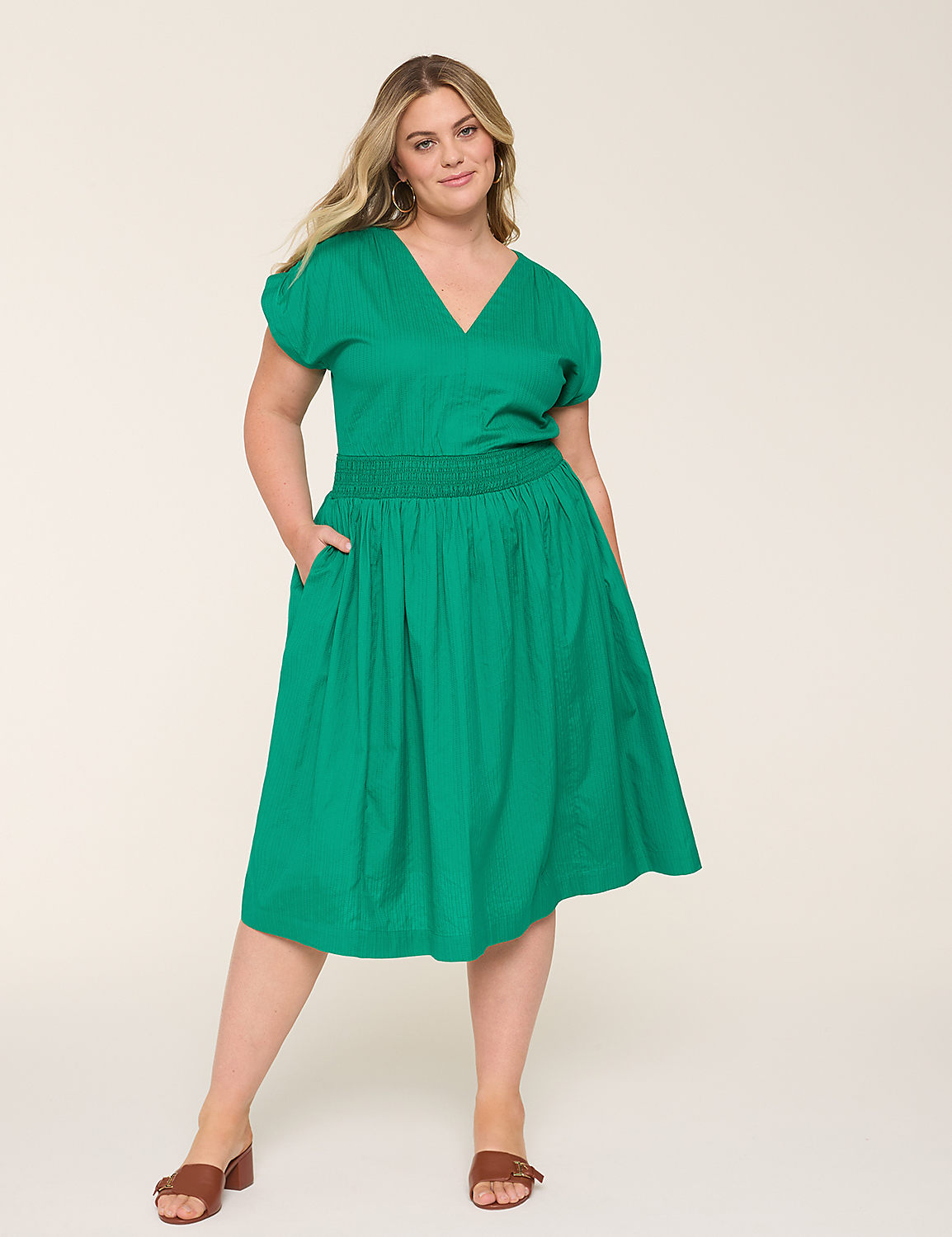 Shirred-Shoulder Smocked-Waist Midi Dress Product Image 1