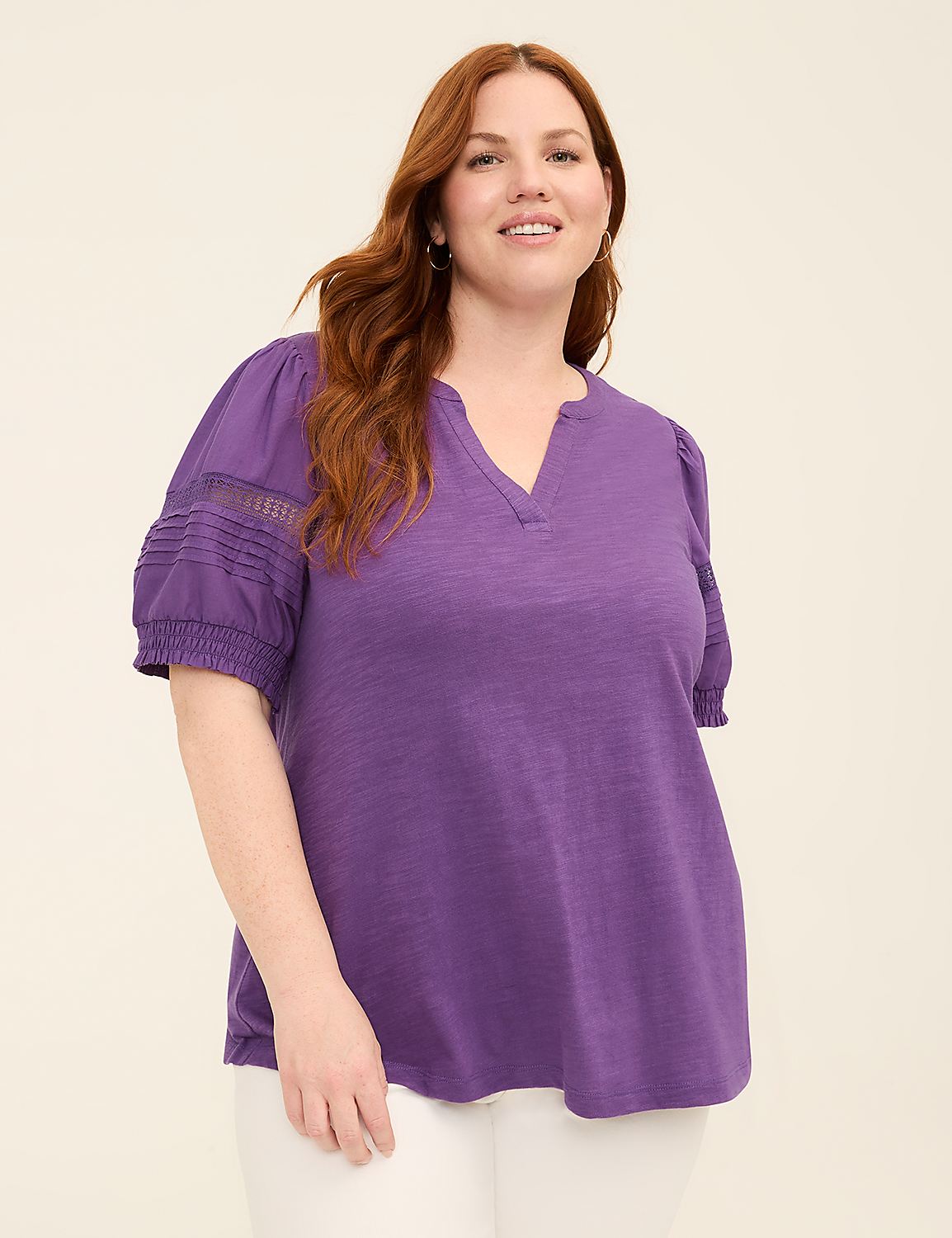 Woven & Knit Puff-Sleeve Notch-Neck Top Product Image 1