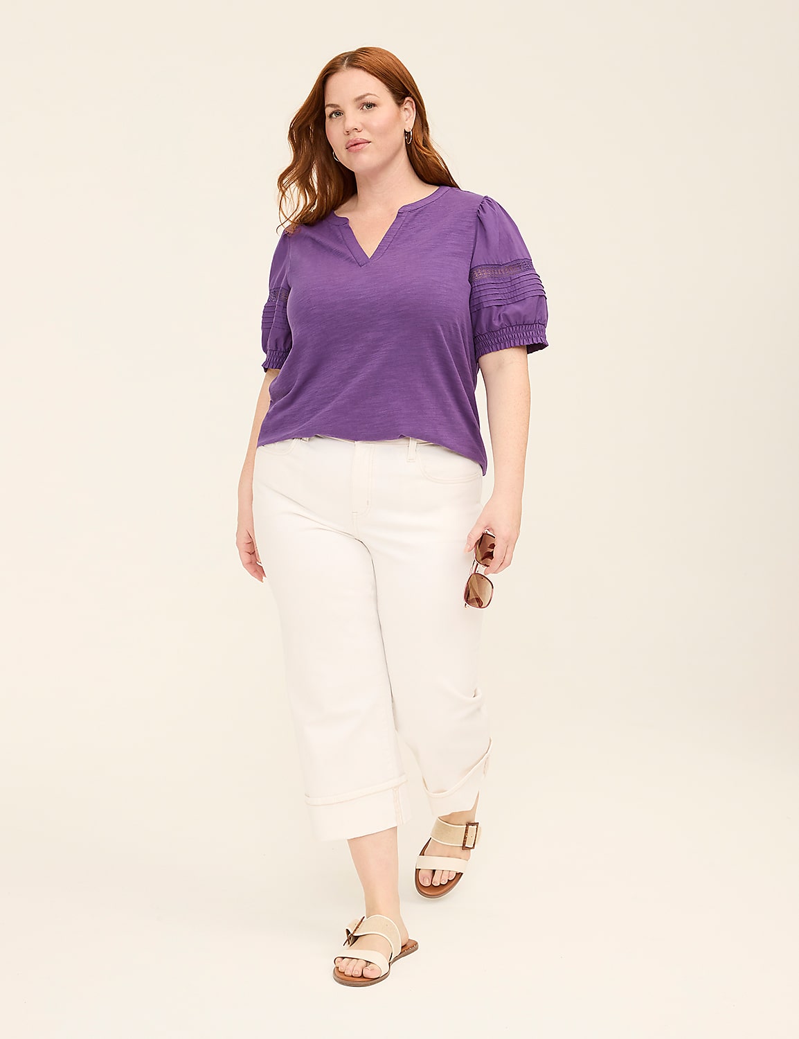 Woven & Knit Puff-Sleeve Notch-Neck Top Product Image 3