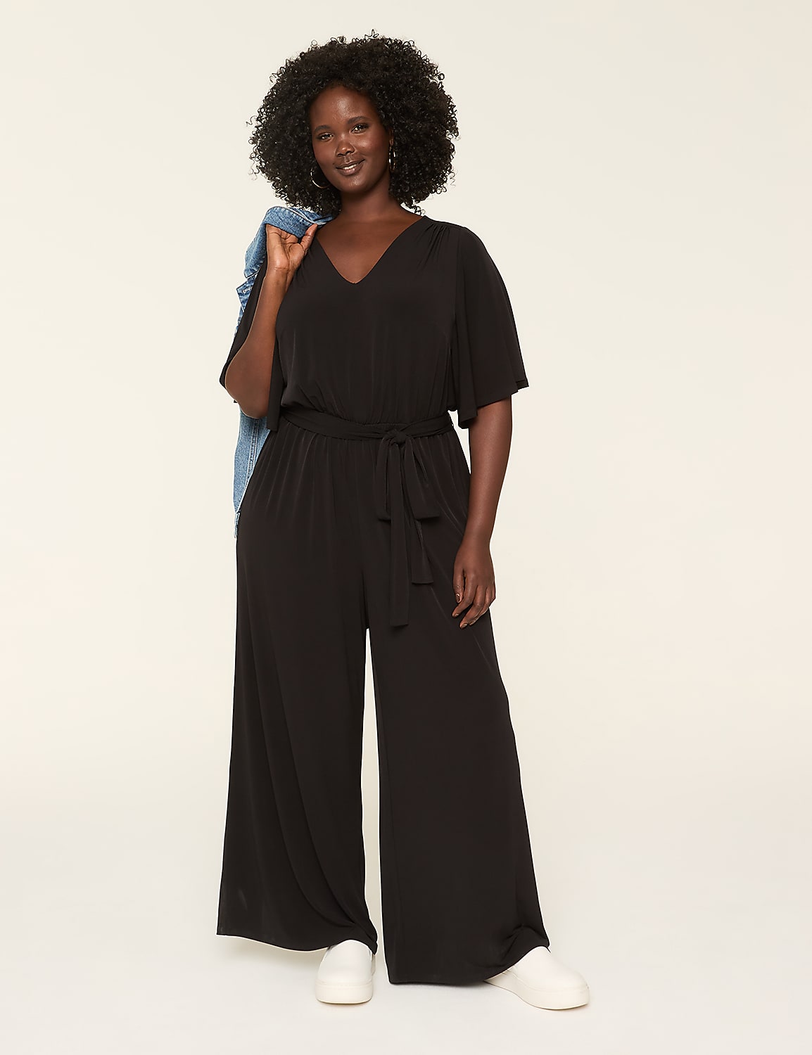 MEER. V NECK JUMP SUIT ブラック V-Neck Tie-Waist Jersey Jumpsuit | LaneBryant