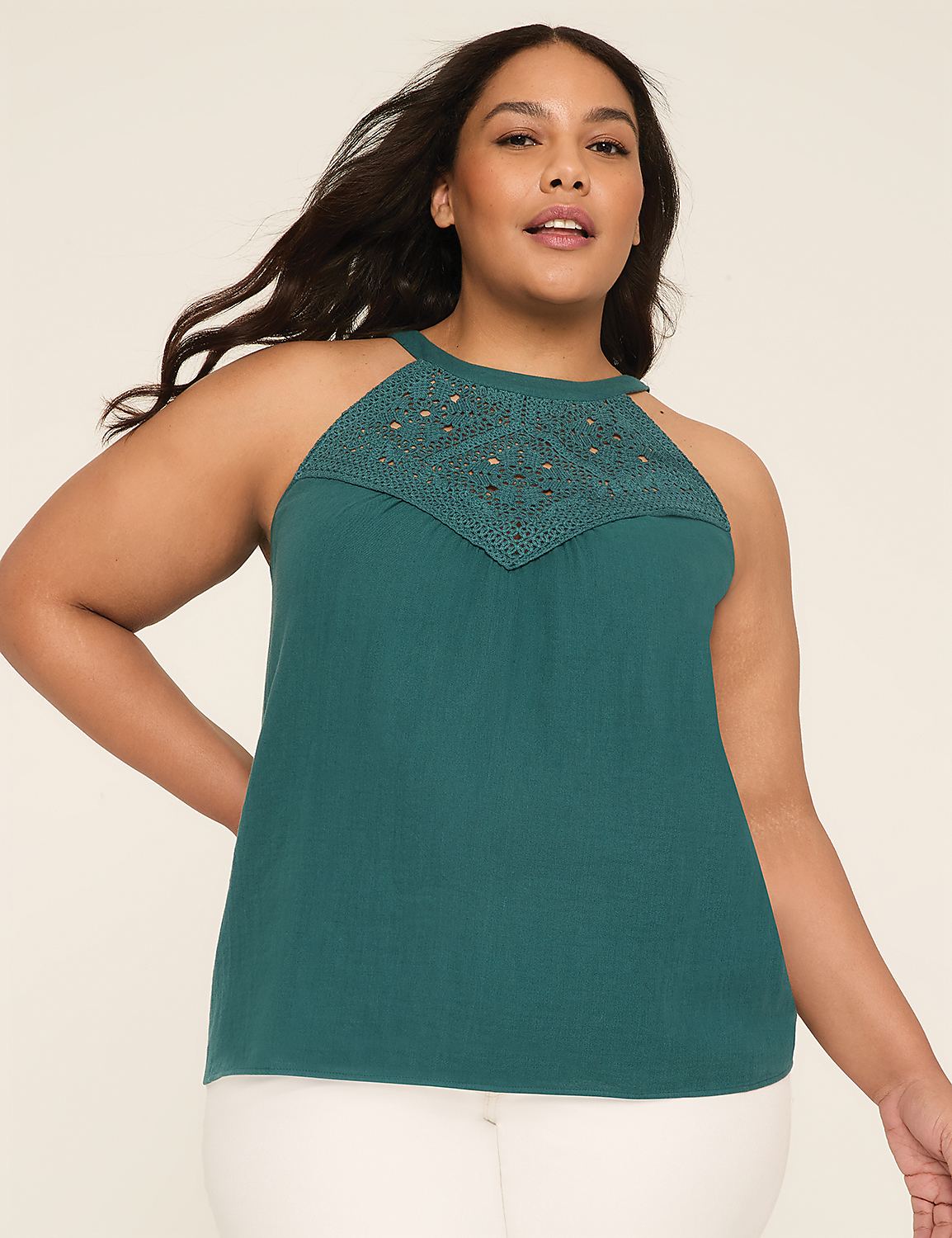 Crochet-Yoke Halter-Neck Top Product Image 1