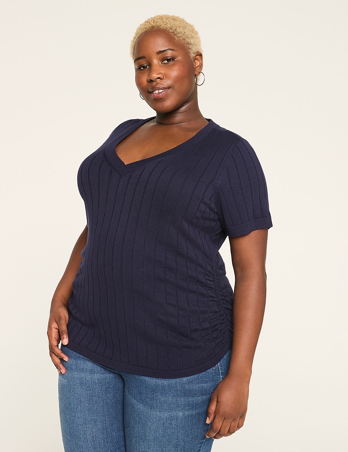 Fitted Short-Sleeve Side-Ruched Sweater Product Image 1